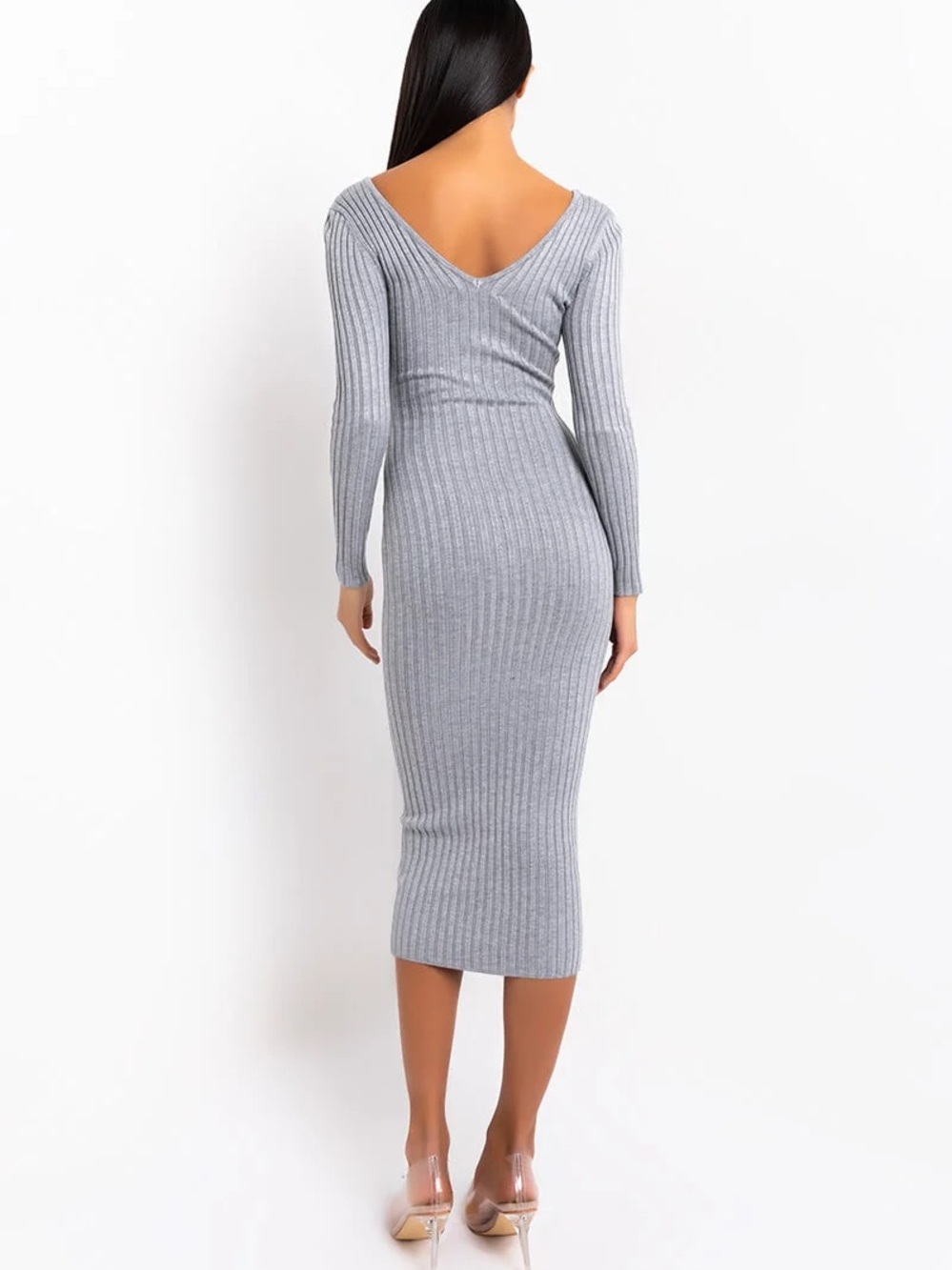 AKIRA Heather Gray Ribbed Knit Long Sleeve Bodycon Midi Dress | Small - Picture 4 of 9